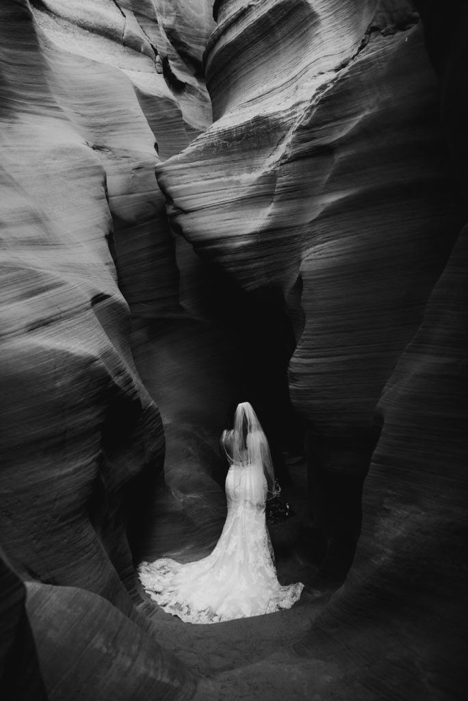 Bride in Slot Canyon Black and White