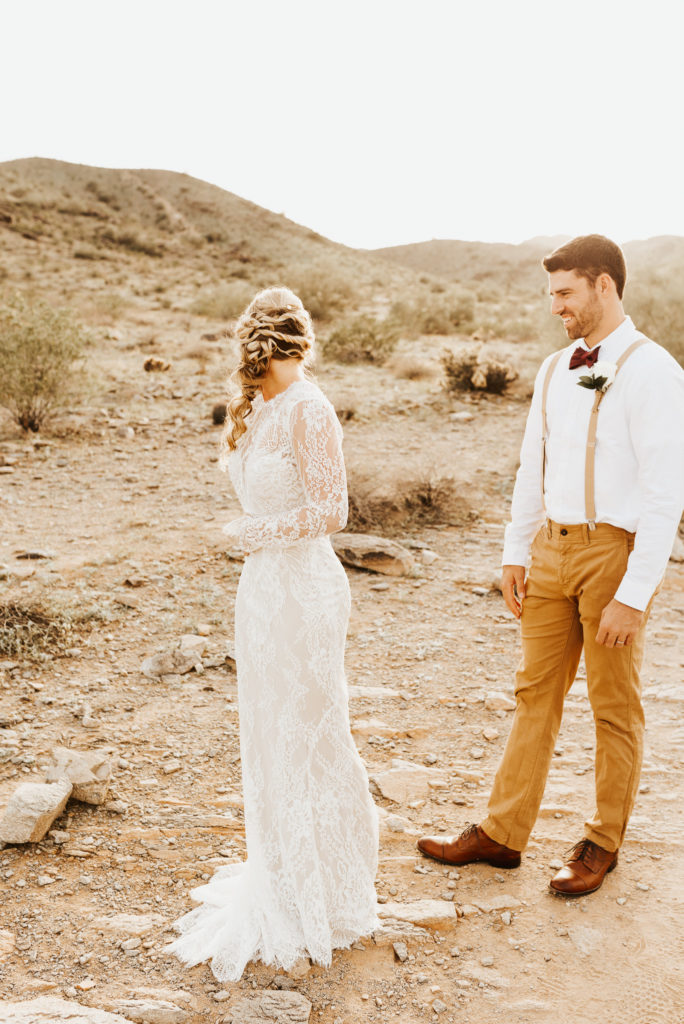 desert bride and groom first look