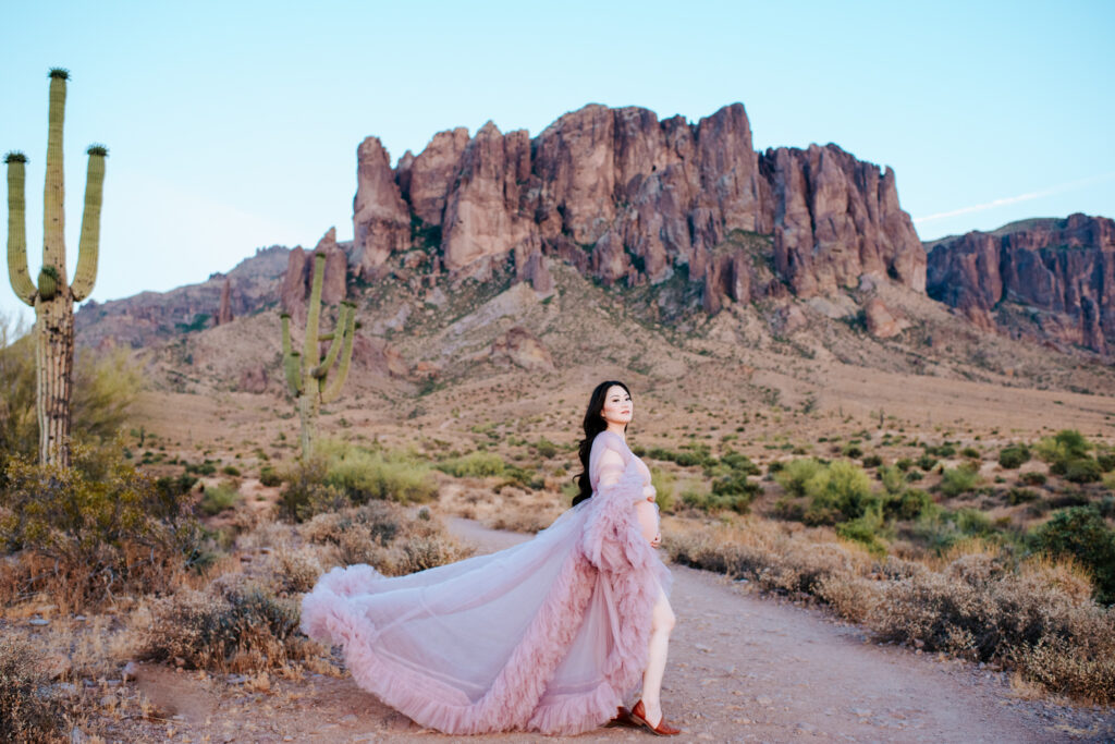 A flowy dress with ruffles is an amazing choice for what to wear for maternity photos, adding drama to the shoot!