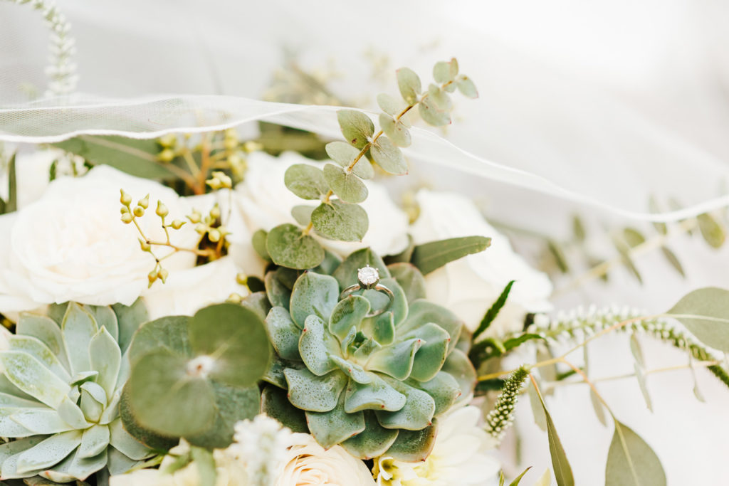 wedding ring in sage and cream florals